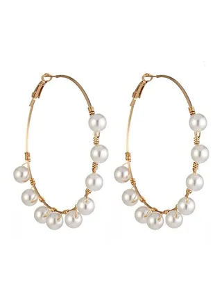 Big Circle Design Personality Pearl Decor Hoop Earrings 