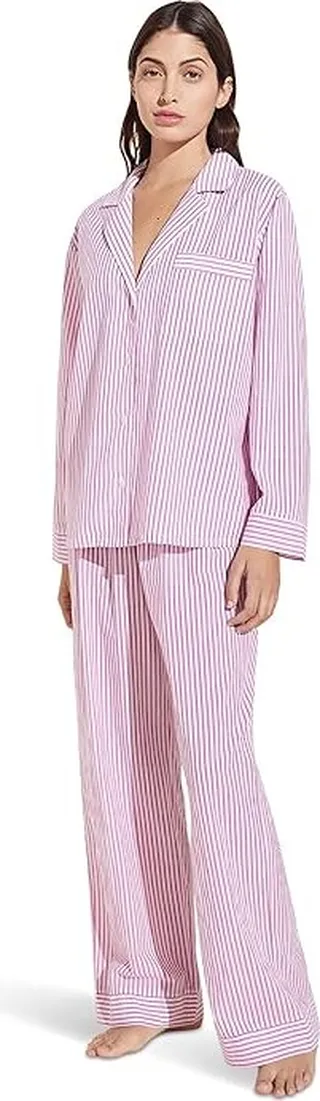 Eberjey Organic Sandwashed Cotton Printed - The Long PJ Set (Nautico Stripe Italian Rose) Women's Pajama Sets