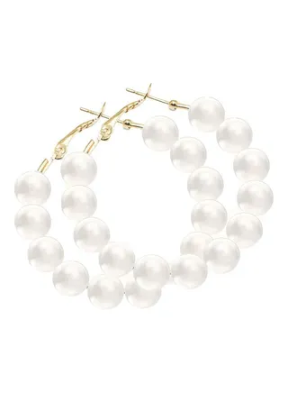 Faux Pearl Circle Round Dangle Hoop Earrings 