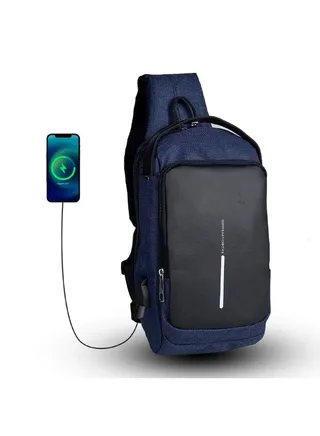 Crossbody Bag With USB Charger - Waterproof - Casual - Navy 