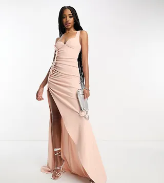 ASOS DESIGN Tall premium one shoulder button maxi dress in blush