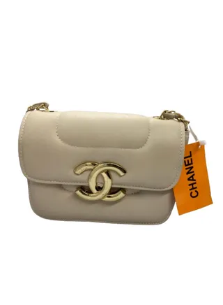 A luxurious women's handbag in beige color with a gold metal handle from Chanel 