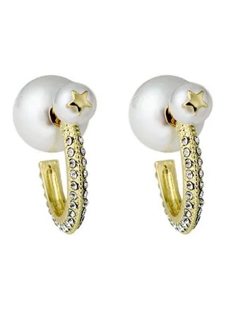 Pearl And Stone Studded C-Shaped Hoop Earrings 