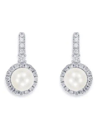 925 Sterling Silver Pearl Cubic Zirconia Lever Back Earrings 