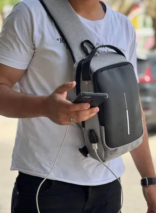 Crossbody Bag With USB Charger - Waterproof - Casual - Gray 
