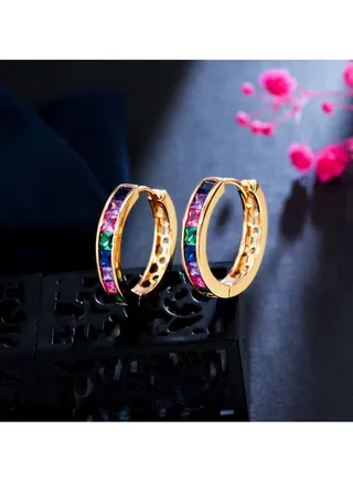 Women's Jewellery Unique Multicolor Cubic Zirconia Golden Mini Hoop Earrings 