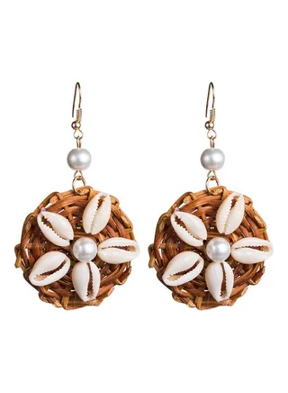 Faux Pearl Shell Rattan Round Dangle Hook Earrings 