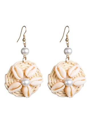 Faux Pearl Shell Rattan Round Dangle Hook Earrings 