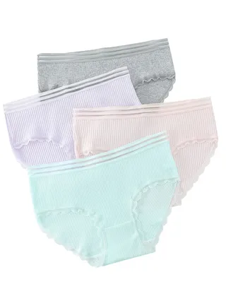 Zeemey 4-Piece Cotton Bikini Breathable Panties Low Waist Fashionable Ladies Charming Thick Bottom 