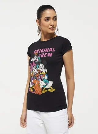 Mickey Mouse and Friends Graphic Print T-shirt with Cap Sleeves 