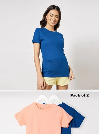 Women's Pack of 2 T-Shirts Crew Neck Short Sleeves in Premium Bio washed Cotton Navy/Pink 