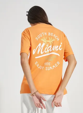 Oversized Miami Print Turn-Up Sleeves T-Shirt 