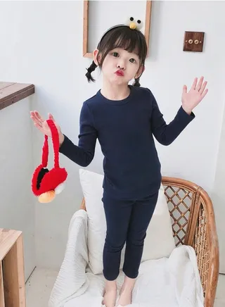 Kids Solid Color Thermal Underwear Set Cotton Soft Long Johns Base Layer Top & Bottom Children's Pajama Set Navy Blue 