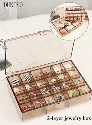 Clear Plastic Small Jewelry Organizer 2-Layers Large Capacity Jewelry Storage Box with Lid and 30 Compartments for Hair Accessories & Beauty Supplies Earrings Necklaces Bracelets 