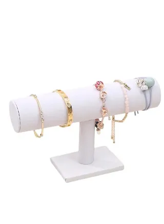 Bracelet Holder and Organizer, White T Shape Beige Velvet Jewelry Display Rack 