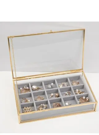 Golden Vintage Clear Glass Jewelry Box with Gray Velvet Organizer 