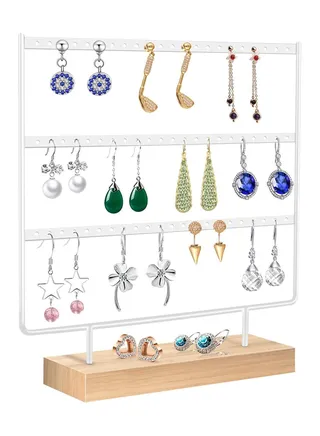 Earring Organiser, Jewelry Stand, Earring Display Stand with Wooden Tray/Dish for Earrings Necklace Bracelet Rings, Earring Holder for Hanging Earrings (66 Holes/3 Layers) 