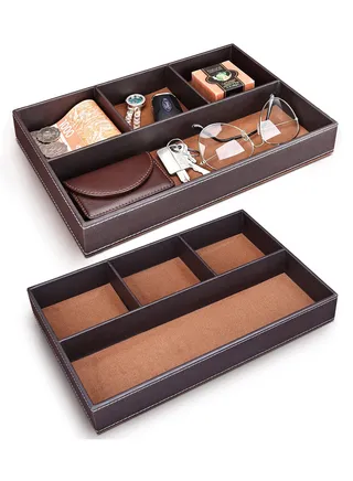 Faux Leather Valet Trays for Men, Set of 2 Stackable Jewelry Trays for Drawers, Dresser Top Organizer for Key, Wallet, Sunglasses, Watch, Coin, Phone, Nightstand Bedside Tray 