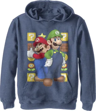 Boy's Nintendo Mario and Luigi Pull Over Hoodie - Navy Blue Heather - Small