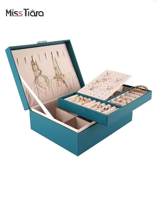 2 Tier Jewelry Organizer PU Leather Jewelry Set Box with Lockable Velvet Lined Jewelry Storage Box for Jewelry Earrings and Necklace Green 