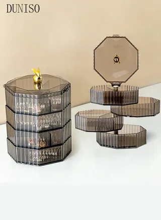 Clear Plastic Small Jewelry Organizer 4-Layers 360° Rotatable Jewelry Storage Box with Lid for Hair Accessories & Beauty Supplies Earrings Necklaces Bracelets 