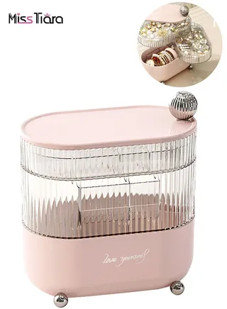 Multifunctional 360° Rotating Desktop Jewelry Storage Box Jewelry Dust and Oxidation Protection Suitable for Dressing Table Jewelry Cosmetic Cotton Hair Accessories Storage 