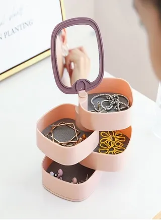 Portable 4 Layer 360 Degree Rotating Jewelry Storage Organizer Box with Mirror for Earrings Ring Bracelet Lipstick 