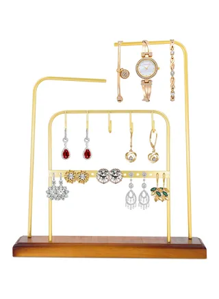 AC&L Jewelry Organizer 4 tier Wooden Base Metal Jewelry Holder Stand, Jewelry Display Rack for Watches, Necklace, Earrings, bracelet, Rings, Accessories, Aesthetic Jewelry Hanging Organizer 