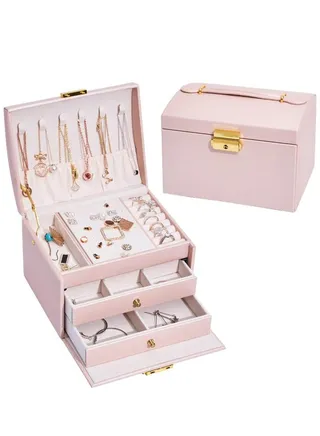 Jewellery Box, Lockable Jewellery Storage Box, Women's Jewellery Box with 2 Drawers and 3 Layers, Storage for Watch, Necklace, Ring, Bracelet, Gift Idea 