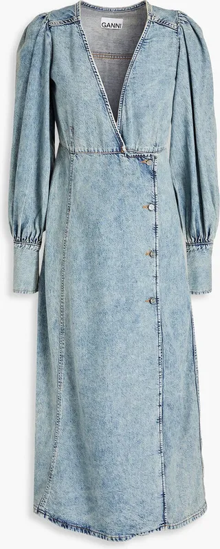 Faded denim midi wrap dress