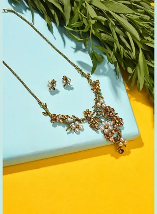 Gold Plated Designer Stone Necklace and Earring Set