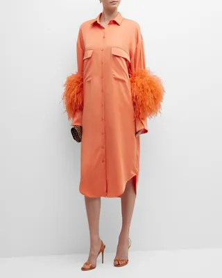 Feather-Trim Textured Satin Midi Shirtdress