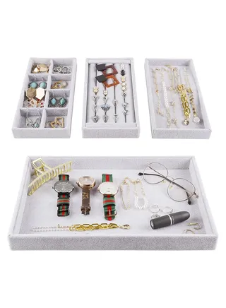 Jewelry Organiser, Premium Removable Large capacity Velvet Display Tray for Earring, Ring Jewelry Storage for Bracelet Necklace Earring Ring 3 Compartments(Grey) 