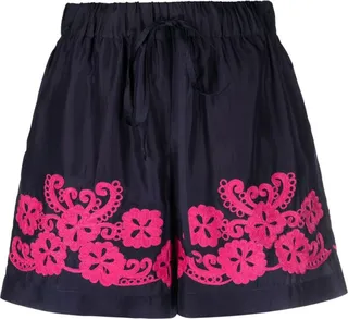 Floral-Embroidered Silk Mini Shorts