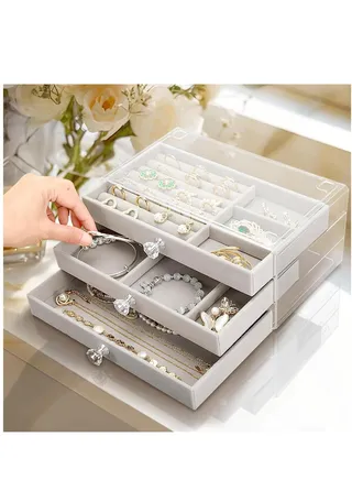 Jewelry Box Organizer with 3 Drawers for Women Girls 3-Layer Jewelry Organizer with Dustproof Cover Clear Ladies Jewelry Boxes Jewelry Display Case for Earring Rings Necklaces Bracelets Sunglasses 
