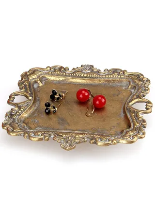 Vintage Gold Small Jewelry Tray Engagement Wedding Rustic Trinket Dish Ring Plate Antique Earring Necklace Tray Vintage Gold Jewelry Tray Decorative Little Jewelry Display Trays 