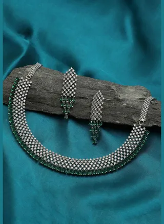 Silver Plated American Diamond and Designer Stone Necklace and Earring Set