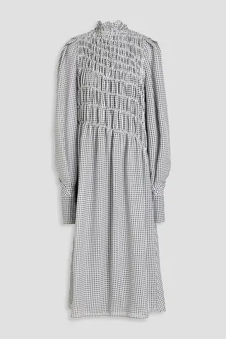 Shirred gingham seersucker midi dress