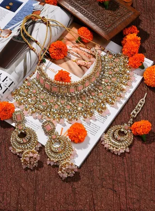 Gold Plated Designer Stone Beaded Necklace, Earrings and Maang Tikka Set