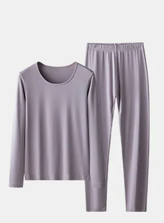 Womens Solid Color Thin Seamless Long Johns And Round Neck Thermal Underwear Set 2 Piece Base Layer Set for  Women Dusty Purple 
