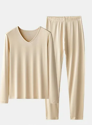 Womens Solid Color Thin Seamless Long Johns And V-Neck Thermal Underwear Set 2 Piece Base Layer Set for Women Beige 