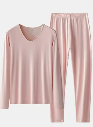Womens Solid Color Thin Seamless Long Johns And V-Neck Thermal Underwear Set 2 Piece Base Layer Set for Women Pale Pink 