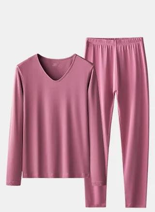 Womens Solid Color Thin Seamless Long Johns And V-Neck Thermal Underwear Set 2 Piece Base Layer Set for Women Plum Purple 