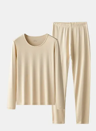Womens Solid Color Thin Seamless Long Johns And Round Neck Thermal Underwear Set 2 Piece Base Layer Set for  Women Beige 