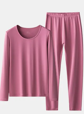 Womens Solid Color Thin Seamless Long Johns And Round Neck Thermal Underwear Set 2 Piece Base Layer Set for  Women Plum Purple 