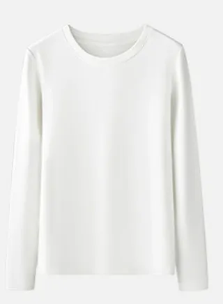 Womens Solid Color Crew-Neck Thick Thermal Underwear Shirt Cold Weather Base Layer,Long Sleeve T-Shirt Loungewear White 