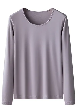 Womens Solid Color Round-Neck Thin Thermal Underwear Shirt Cold Weather Base Layer,Long Sleeve T-Shirt Loungewear Greyish Purple 