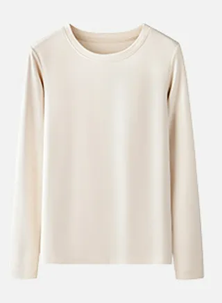 Womens Solid Color Crew-Neck Thick Thermal Underwear Shirt Cold Weather Base Layer,Long Sleeve T-Shirt Loungewear Light Beige 