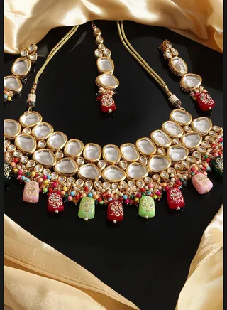 Gold Plated Designer Kundan Party Necklace, Earring and Maang Tikka Set For Women
