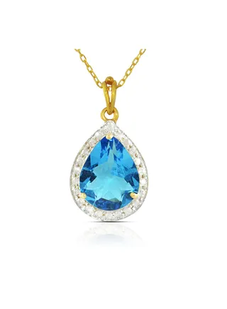 18k Gold 10mm Genuine Drop Cut Swiss Blue Topaz 0.12Ct Genuine Diamonds Necklace 